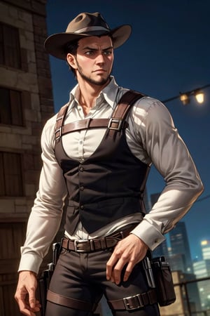 solo male, Kenny Ackerman, Attack on Titan Anime style, brown hair, hair slicked back, grey eyes, sideburns, thin beard along jawline, white collared shirt, long sleeves, (simple black vest, long vest), black pants, (dark fedora hat), (vertical maneuvering equipment, silver metal breastplate, holster), athletic build, middle-age, mature, handsome, charming, alluring, standing, upper body, perfect anatomy, perfect proportions, best quality, masterpiece, high_resolution, dutch angle, cowboy shot, photo background