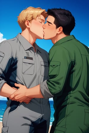 score_9,score_8_up,score_7_up, (two men, couple, duo:1.5), gay, bara, (kiss:1.5), hand on waist, looking at viewer, Lewis Smith and Isami Aoin jumpsuit, perfect anatomy, perfect proportions, best quality, masterpiece, high_resolution, dutch angle, cowboy shot, photo background, black undershirt, grey pilot, green pilot jumpsuit, on flight deck of aircraft, day, blue sky, ocean, look at each other, (perfect hands)