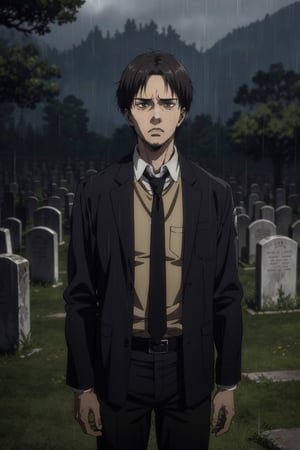 solo male, Artur Braus, Attack on Titan Anime style, shaggy brown hair, brown eyes, sideburns, stubble, white collared shirt, black necktie, (simple black jacket, close jacket, buttoned jacket), long sleeves, black pants, middle-age, mature, handsome, charming, alluring, standing, upper body, perfect anatomy, perfect proportions, best quality, masterpiece, high_resolution, cowboy shot, photo background, green field graveyard, rainy, sad, haggard, calm, front view
, aot style