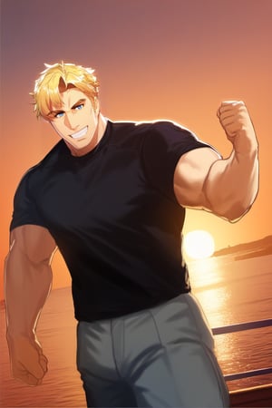 score_9,score_8_up,score_7_up, (solo male), Lewis Smith, (blond hair), short hair, blue eyes, ((pure black t-shirt, untucked t-shirt, hems, grey military pants)), upperbody, handsome, charming, alluring, grin, (mature male, masculine face, virile, manly), standing, (cowboy shot, dutch angle), perfect anatomy, perfect proportions, best quality, masterpiece, high_resolution, dutch angle, photo background, science fiction, mecha, cinematic still, emotional, harmonious, bokeh, cinemascope, moody, epic, gorgeous, on flight deck of aircraft carrier, ocean, sky outdoor, sky