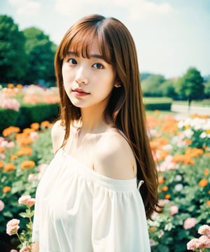 Best quality, masterpiece, photo by fuji-proplus-ii film, half-length portrait, close-up, raw photo of 20 years old woman in off-shoulder, long hair, posing at viewer, deep cloudy sky, flowers garden, outdoor, rim light, low key light, hard shadow, light theme, (film grain, film filter), low angle/form below
