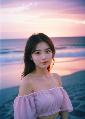 Best quality, masterpiece, film grain, photo by fuji-proplus-ii film, half-length portrait, raw photo of 20 years old woman in off-shoulder, waist up, high angle/from above, deep blue sky, cloudy sky, outdoor, high key light and hard shadow, dark theme in beach with pink purple sunset lights 
