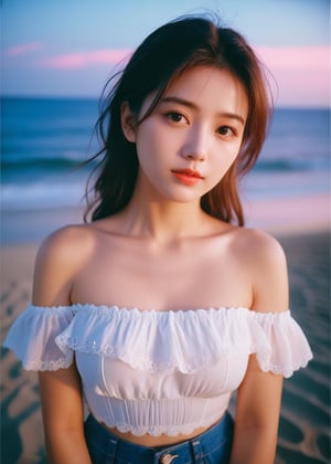 Best quality, masterpiece, film grain, photo by fuji-proplus-ii film, half-length portrait, raw photo of 20 years old woman in off-shoulder, waist up, high angle/from above, deep blue sky, cloudy sky, outdoor, high key light and hard shadow, dark theme in beach with pink purple sunset lights 