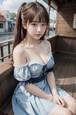 Best quality, masterpiece, film grain, close-up portrait, raw photo of 20 years old woman in off-shoulder lolita fashion lase trim dress, sitting in front of tavern, waist up, shy face, high angle/from above, cleavage, cloudy sky, high key light, hard shadow, dark theme
