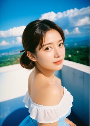 Best quality, masterpiece, film grain, photo by fuji-proplus-ii film, half-length portrait, raw photo of 20 years old woman in off-shoulder, waist up, high angle/from above, deep blue sky, cloudy sky, outdoor, high key light, soft shadow, dark theme, 