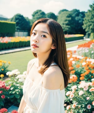 Best quality, masterpiece, photo by fuji-proplus-ii film, half-length portrait, close-up, raw photo of 20 years old woman in white off-shoulder, waist up, long hair, looking at viewer, deep cloudy sky, flowers garden, outdoor, rim light, low key light, hard shadow, light theme, (film grain, film filter), low angle/form below