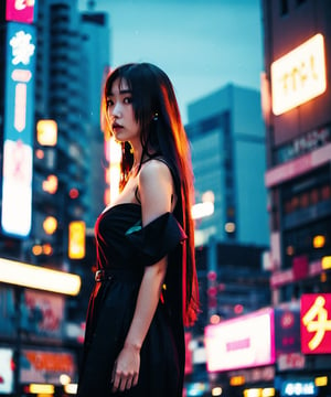 Best quality, masterpiece, photo by fuji-proplus-ii film, full-length full body, raw photo of 20 years old woman in off-shoulder, long hair, posing at viewer, deep night, (feature, cyberpunk:1.5), (blade_runner_2049), dark theme, bokeh, neon light, low key light, hard shadow, (film grain, film filter), low angle, form below