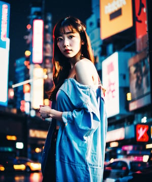 Best quality, masterpiece, photo by fuji-proplus-ii film, full-length full body, raw photo of 20 years old woman in off-shoulder, long hair, show hands, posing at viewer, deep night, (into the feature, cyberpunk:1.5), (blade_runner_2049), dark theme, bokeh, neon light, low key light, hard shadow, (film grain, film filter), low angle, form below