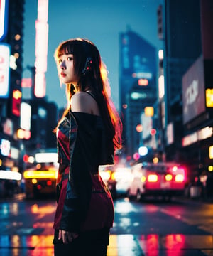 Best quality, masterpiece, photo by fuji-proplus-ii film, full-length full body, raw photo of 20 years old woman in off-shoulder, long hair, posing at viewer, deep night, (feature, cyberpunk:1.5), (blade_runner_2049), dark theme, bokeh, neon light, low key light, hard shadow, (film grain, film filter), low angle, form below