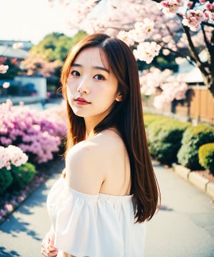 Best quality, masterpiece, photo by fuji-proplus-ii film, full-length portrait, raw photo of 20 years old woman in off-shoulder, long hair, posing at viewer, deep cloudy sky, cherry blossom garden, bokeh, rim light, low key light, hard shadow, light theme, (film grain, film filter), low angle/form below