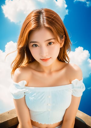 Best quality, masterpiece, film grain texture, photo by fuji-proplus-ii film, half-length portrait, raw photo of 20 years old woman in off-shoulder sexy posing to viewer, waist up, high angle/from above, deep blue sky, cloudy sky, outdoor, high key light, soft shadow, dark theme, 
