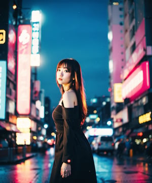 Best quality, masterpiece, photo by fuji-proplus-ii film, full-length full body, raw photo of 20 years old woman in off-shoulder, long hair, show hands, posing at viewer, deep night, (feature, cyberpunk:1.5), (blade_runner_2049), dark theme, bokeh, neon light, low key light, hard shadow, (film grain, film filter), low angle, form below