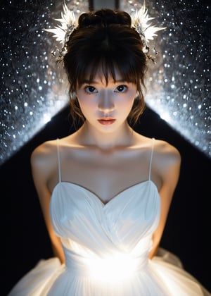 best quality, masterpiece, fleeting, ethereal, alluring, sparkling, artistic, mysterious, delicate, complex, black-and-white, twisted, by Graham Sutherland, Dan Mumford, Massimo Vitali, Hikari Shimoda, Xanti Schawinsky, raw photo of asian female in white dress, close up face, brown hair, fashion accessories, looking at viewer, indoor, dark theme, dark room, from above,professional photo, high contrast exposure, soft bokeh, high key light, hard shadow, soft bokeh, simple background, 