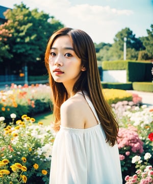 Best quality, masterpiece, photo by fuji-proplus-ii film, half-length portrait, close-up, raw photo of 20 years old woman in off-shoulder, long hair, posing at viewer, deep cloudy sky, flowers garden, outdoor, rim light, low key light, hard shadow, light theme, (film grain, film filter), low angle/form below