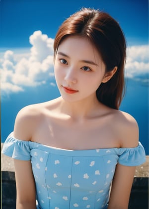 Best quality, masterpiece, film grain, photo by fuji-proplus-ii film, half-length portrait, raw photo of 20 years old woman in off-shoulder, waist up, high angle/from above, deep blue sky, cloudy sky, outdoor, high key light, soft shadow, dark theme, 