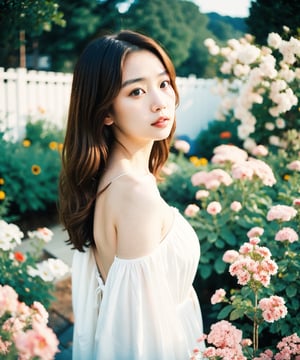 Best quality, masterpiece, photo by fuji-proplus-ii film, half-length portrait, close-up, raw photo of 20 years old woman in white off-shoulder, waist up, long hair, looking at viewer, deep cloudy sky, flowers garden, outdoor, high key light, soft shadow, dark theme, (film grain, film filter:1.3), high angle/from above