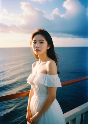 Best quality, masterpiece, film grain, photo by fuji-proplus-ii film, half-length portrait, raw photo of 20 years old woman in off-shoulder, waist up, high angle/from above, deep blue sky, cloudy sky, outdoor, high key light and hard shadow, dark theme in ocean with sunset lights 
