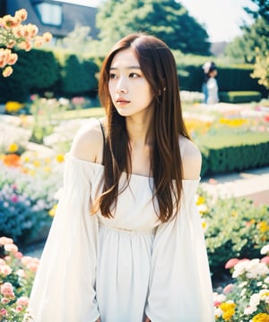 Best quality, masterpiece, photo by fuji-proplus-ii film, full-length portrait, raw photo of 20 years old woman in off-shoulder, long hair, posing at viewer, deep cloudy sky, flowers garden, outdoor, rim light, low key light, hard shadow, light theme, (film grain, film filter), low angle/form below
