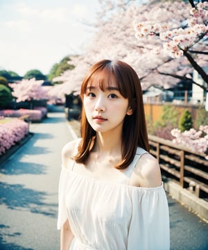 Best quality, masterpiece, photo by fuji-proplus-ii film, full-length portrait, raw photo of 20 years old woman in off-shoulder, long hair, posing at viewer, deep cloudy sky, cherry blossom garden, outdoor, rim light, low key light, hard shadow, light theme, (film grain, film filter), low angle/form below
