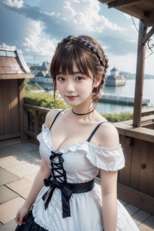 Best quality, masterpiece, film grain, close-up portrait, raw photo of 20 years old woman in off-shoulder lolita fashion lase trim dress, standing in front of tavern, waist up, smile face, high angle/from above, cleavage, cloudy sky, high key light, hard shadow, dark theme