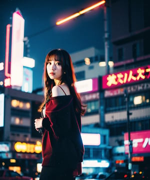 Best quality, masterpiece, photo by fuji-proplus-ii film, full-length full body, raw photo of 20 years old woman in off-shoulder, long hair, show hands, posing at viewer, deep night, (feature, cyberpunk:1.5), (blade_runner_2049), dark theme, bokeh, neon light, low key light, hard shadow, (film grain, film filter), low angle, form below