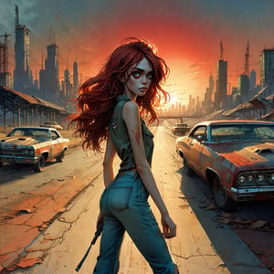 A beautiful girl walking towards the viewer alone on a deserted highway with abandoned 1960s era muscle cars, in the distance is an apocalyptic city, she has medium length red flowing hair, distressed jeans, sun setting in the background, (highly detailed eyes and face:1.4), 1 girl, level horizon, greg tocchini art style, pop surrealism, low brow art, crisp, gorgeous linework, clean and sharp, beautiful flowing lines, Decora_SWstyle, more detail XL, (((in the style of gorillaz)))