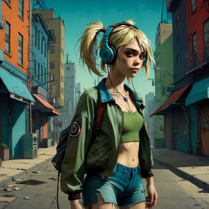 A beautiful girl standing in the street, she has a messy twin tails hair cut, her her is blonde, she is wearing headphones and listening to music, facing the camera, ((full body shot)), more detail XL, (((in the style of gorillaz 2d artwork)))
