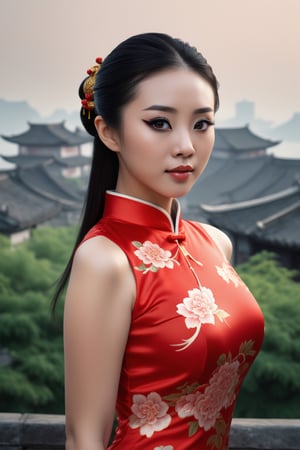 Beautiful woman, centered composition, best quality, high resolution, 8K, sexy , Conrad Rosset,REALISTIC,Black eyes,Asia Woman,China Suzhou and Hangzhou landscape background,Chinese cheongsam clothing