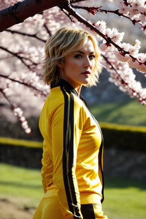 Masterpiece, beautiful, high quality, detailed, high definition (Cinematic shot, heroic shot, epic, vivid colors, high contrast, epic) A Caucasian woman, 30 years old, blonde semi-short wavy hair, blue eyes, athletic body, sexy ( yellow sports suit with a black stripe on the sides, (Kill Bill Volume 1)) walking in the middle of many Japanese cherry trees (epic lighting, the pink color of the cherry trees prevails)