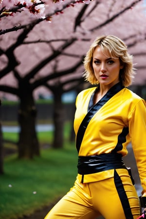 Masterpiece, beautiful, high quality, detailed, high definition (Cinematic shot, epic, vivid colors, high contrast, epic)(full body view) A Caucasian woman, 30 years old, blonde semi-short wavy hair, blue eyes , athletic, sexy body, holds a katana in his right hand, (yellow sports suit with a black stripe on the sides, (Kill Bill Volume 1)) walking in the middle of many Japanese cherry trees (epic lighting, pink prevails of the cherry trees)