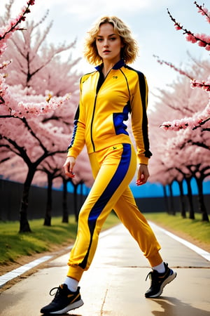 Masterpiece, beautiful, high quality, detailed, high definition (Cinematic shot, heroic shot, epic, vivid colors, high contrast, epic)(full body view) A Caucasian woman, 30 years old, blonde semi-short wavy hair, blue eyes , athletic, sexy body (yellow sports suit with a black stripe on the sides, (Kill Bill Volume 1)) walking in the middle of many Japanese cherry trees (epic lighting, the pink color of the cherry trees prevails)