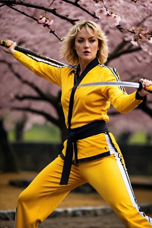 Masterpiece, beautiful, high quality, detailed, high definition (Cinematic shot, epic, vivid colors, high contrast, epic)(full body view) A Caucasian woman, 30 years old, blonde semi-short wavy hair, blue eyes , athletic, sexy body, holds a katana in his right hand, (yellow sports suit with a black stripe on the sides, (Kill Bill Volume 1)) walking in the middle of many Japanese cherry trees (epic lighting, pink prevails of the cherry trees)