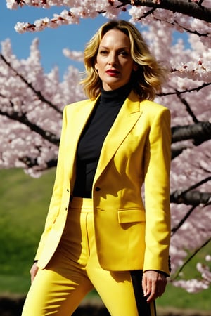 Masterpiece, beautiful, high quality, detailed, high definition (Cinematic shot, heroic shot, epic, vivid colors, high contrast, epic) A Caucasian woman, 30 years old, blonde semi-short wavy hair, blue eyes, athletic body, sexy ( Yellow suit with a black stripe, (Uma Thurman Kill Bill Volume 1)) walking in the middle of many Japanese cherry trees (Epic lighting, the pink color of the cherry trees prevails)