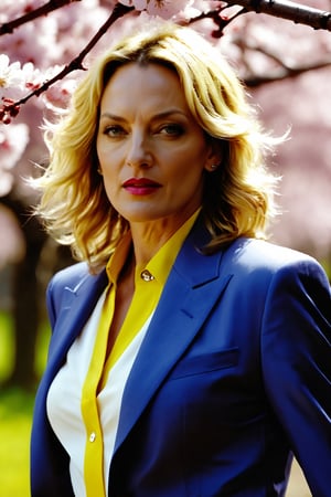 Masterpiece, beautiful, high quality, detailed, high definition (Cinematic shot, heroic shot, epic, vivid colors, high contrast, epic) A Caucasian woman, 30 years old, blonde semi-short wavy hair, blue eyes, athletic body, sexy ( Yellow suit with a black stripe, (Uma Thurman Kill Bill Volume 1)) walking in the middle of many Japanese cherry trees (Epic lighting, the pink color of the cherry trees prevails)