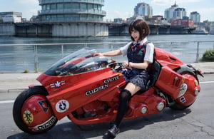 (1girl solo:1.5), full Body, ((solo focus)), looking away, black hair, short sleeves, blurry, school uniform, a student riding on the akirabike, drive on the highway, highspeed riding, 
(Top Quality, Masterpiece), Realistic, Ultra High Resolution, Complex Details, Exquisite Details and Texture, Realistic, Beauty, japanese cute girl, ((Amused, Laugh)), (super-short-hair:1.2), bangs, (Thin Body), round face, 17 yo, (huge chest:1.2), a red akirabike