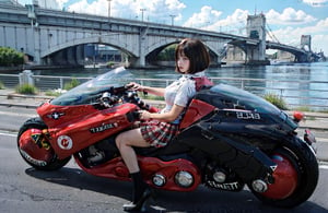 (1girl solo:1.5), full Body, ((solo focus)), (blurry background), looking away, black hair, short sleeves, school uniform, a student riding on the akirabike, ((drive on the highway)), ((highspeed riding)), ((drift turn)), ((tire smoke)), 
(Top Quality, Masterpiece), Realistic, Ultra High Resolution, Complex Details, Exquisite Details and Texture, Realistic, Beauty, japanese cute girl, (super-short-hair:1.2), bangs, (Thin Body), round face, 17 years old, (huge saggy breasts:1.2), a red akirabike, ,super_automobile