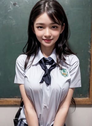 Masterpiece, 1 girl, photorealistic, best quality, film grain, (age 13-15:1.2), fluffy short black hair, bangs, bright realistic eyes, (round eyes:1.2), (single eyelid:1.2), black eyes, (round face:0.8), (small face:1.4), (vampire teeth:0.6), (no makeup:1.2), (school uniform:1.5), (thin waist), (huge saggy breasts:1.2), (wall-eyed boobs), (breasts separated), (beautiful smile), (looking away), ,km