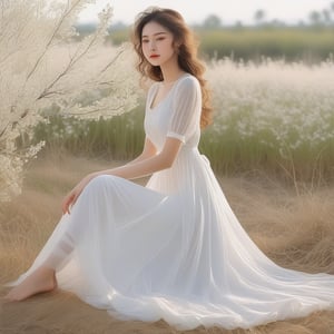 A photo-realistic rendering charming girl, white dress, nature light, ultra realistic, 32K, (Transparency 80%), long dress Transparency 80%, Wide Short, nature landscape, masterpiece, best quality, RAW photo