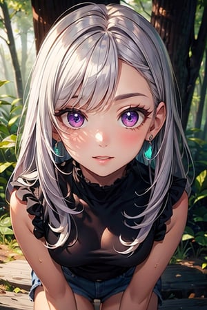 masterpiece, best quality, mushroom_forest, big_mushroom, shadow, good_shadow, extremely detailed face, shadow_face, solo, 1girl, (tan_skin_color), elite_look, majestic, shining_purple_eyes, happy_face, emerald_earrings, perfect_face, hair simple ornament, white_hair, emo_hair, silky_hair, large_bust, (casual_forest_clothes:1.2), two_beautiful_legs, (middle_shot:1.2),More Detail