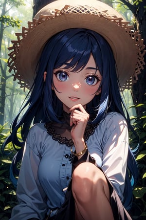masterpiece, best quality, forest, deep_forest, shadow, good_shadow, extremely detailed face, shadow_face, solo, 1girl, (tan_skin_color), elite_look, majestic, shining_black_eyes, happy_face, perfect_face,  blue_hair, emo_hair, silky_hair, (casual_clothes:1.2), big_hat, (fullshot:1.2), beautiful_legs, More Detail