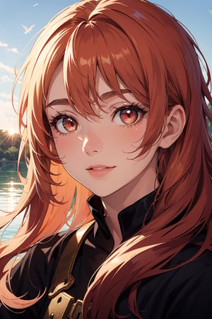 masterpiece, best quality, fantasy, digital_art, shadow, good_shadow, lake, sun, extremely detailed face, shadow_face, focus_on_person, solo, 1girl, (pale_skin_color), fit, elite_look, majestic, red_eyes, shining_eyes, happy_face, perfect_face, ginger_hair, long_hair, wavy_hair ,Detailedface