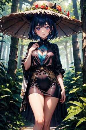 masterpiece, best quality, mushroom_forest, big_mushroom, shadow, good_shadow, extremely detailed face, shadow_face, solo, 1girl, (tan_skin_color), elite_look, majestic, shining_black_eyes, happy_face, perfect_face,  blue_hair, emo_hair, silky_hair, large_bust, (casual_forest_clothes:1.2), two_beautiful_legs, big_hat, (middle_shot:1.2),More Detail