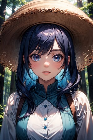 masterpiece, best quality, mushroom_forest, big_mushroom, shadow, good_shadow, extremely detailed face, shadow_face, solo, 1girl, (tan_skin_color), elite_look, majestic, shining_black_eyes, happy_face, perfect_face,  blue_hair, emo_hair, silky_hair, large_bust, (casual_forest_clothes:1.2), big_hat, (middle_shot:1.2),More Detail