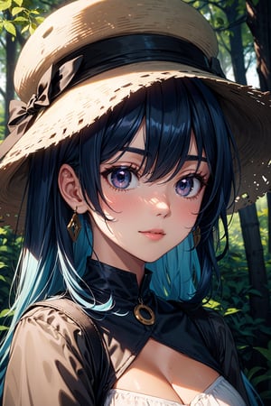 masterpiece, best quality, mushroom, big_mushroom, shadow, good_shadow, extremely detailed face, shadow_face, solo, 1girl, (tan_skin_color), elite_look, majestic, shining_black_eyes, happy_face, perfect_face,  blue_hair, emo_hair, silky_hair, large_bust, (casual_forest_clothes:1.2), big_hat, (middle_shot:1.2),More Detail