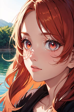 masterpiece, best quality, shadow, good_shadow, lake, sun, extremely detailed face, shadow_face, focus_on_person, solo, 1girl, (pale_skin_color), fit, elite_look, majestic, red_eyes, shining_eyes, happy_face, perfect_face, ginger_hair, long_hair, wavy_hair,(close_shot:1.2), ,Detailedface