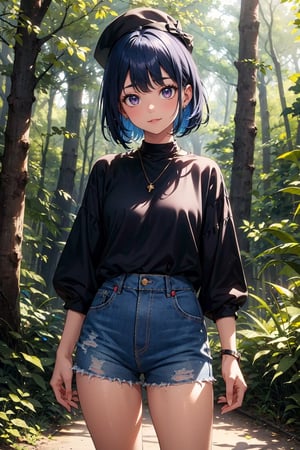 masterpiece, best quality, forest, deep_forest, shadow, good_shadow, extremely detailed face, shadow_face, focus_on_person, solo, 1girl, (tan_skin_color), elite_look, majestic, shining_black_eyes, happy_face, perfect_face,  blue_hair, emo_hair, silky_hair, little_hat, (casual_clothes:1.2), (fullshot:1.2), beautiful_legs, More Detail
