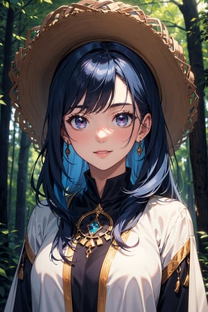 masterpiece, best quality, forest, deep_forest, shadow, good_shadow, extremely detailed face, shadow_face, solo, 1girl, (tan_skin_color), elite_look, majestic, shining_black_eyes, happy_face, perfect_face,  blue_hair, emo_hair, silky_hair, large_bust, (casual_clothes:1.2), big_hat, (full_shot:1.2),More Detail