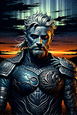 (((masterpiece))),best quality, illustration,(beautiful detailed girl),beautiful detailed glow,(northern lights), aurora,detailed lighting,detailed water, old viking warrior with long beard in a drakkar, seafaring (beautiful detailed eyes),expressionless,skin damaged by old age, viking armor, extreme closeup, wide angle,photorealistic,shine eyes01,VikingAlpha,fantasy00d, 1boy, old man with wrinkles and one eye missing from old battle wounds, clouds afar illuminated by Northern lights, fog over seawater, full moon, midnight sun, viking helmet, armor, axe in hand,DonMD3m0nV31ns,demonic