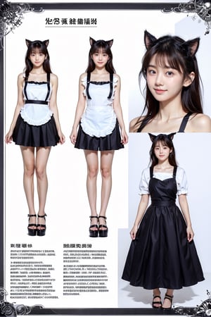 a fashion design sheet and character design sheet for a girl dressed in a maid outfit. The outfit should be black and white with cat ears, a cat tail, an apron, and lots of lace. The design should be extravagant and exaggerated, with a wide and glamorous skirt.,Manga Background