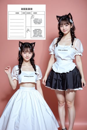 a fashion design sheet and character design sheet for a girl dressed in a maid outfit. The outfit should be black and white with cat ears, a cat tail, an apron, and lots of lace. The design should be extravagant and exaggerated, with a wide and glamorous skirt.,Manga Background,manga